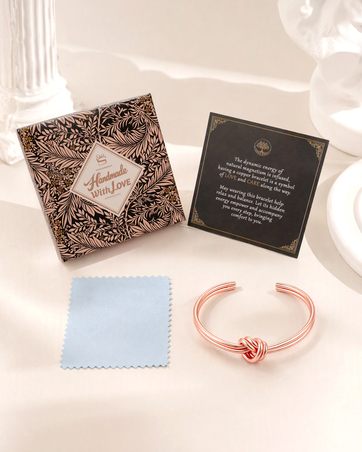Love knot copper cuff bracelet gift set with floral box, sentiment card, and polishing cloth