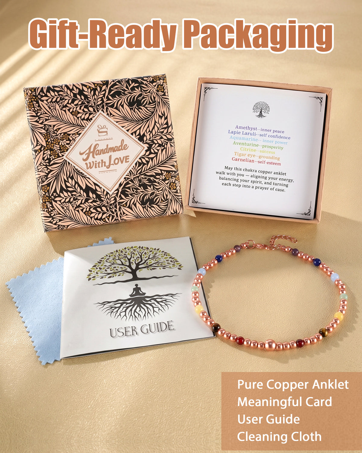 Pure copper anklet gift box with chakra beads, cleaning cloth, and user guide — handmade with love jewelry packaging.