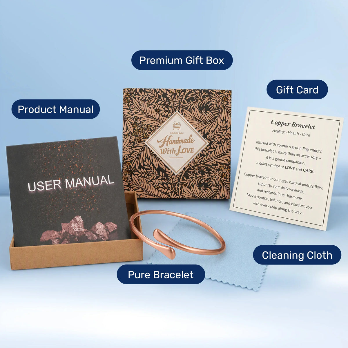 Pure copper teardrop cuff bracelet gift set with floral gift box, card, manual, and cleaning cloth