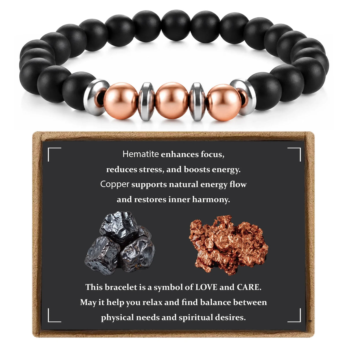 Matte hematite and copper beaded bracelet displayed with natural mineral meaning card