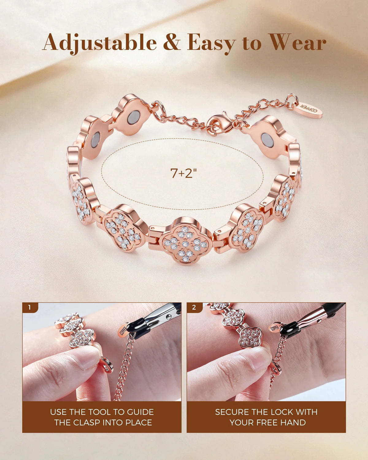 Close-up of crystal-set four-leaf clover charm and engraved COPPER tag,7+2inch
