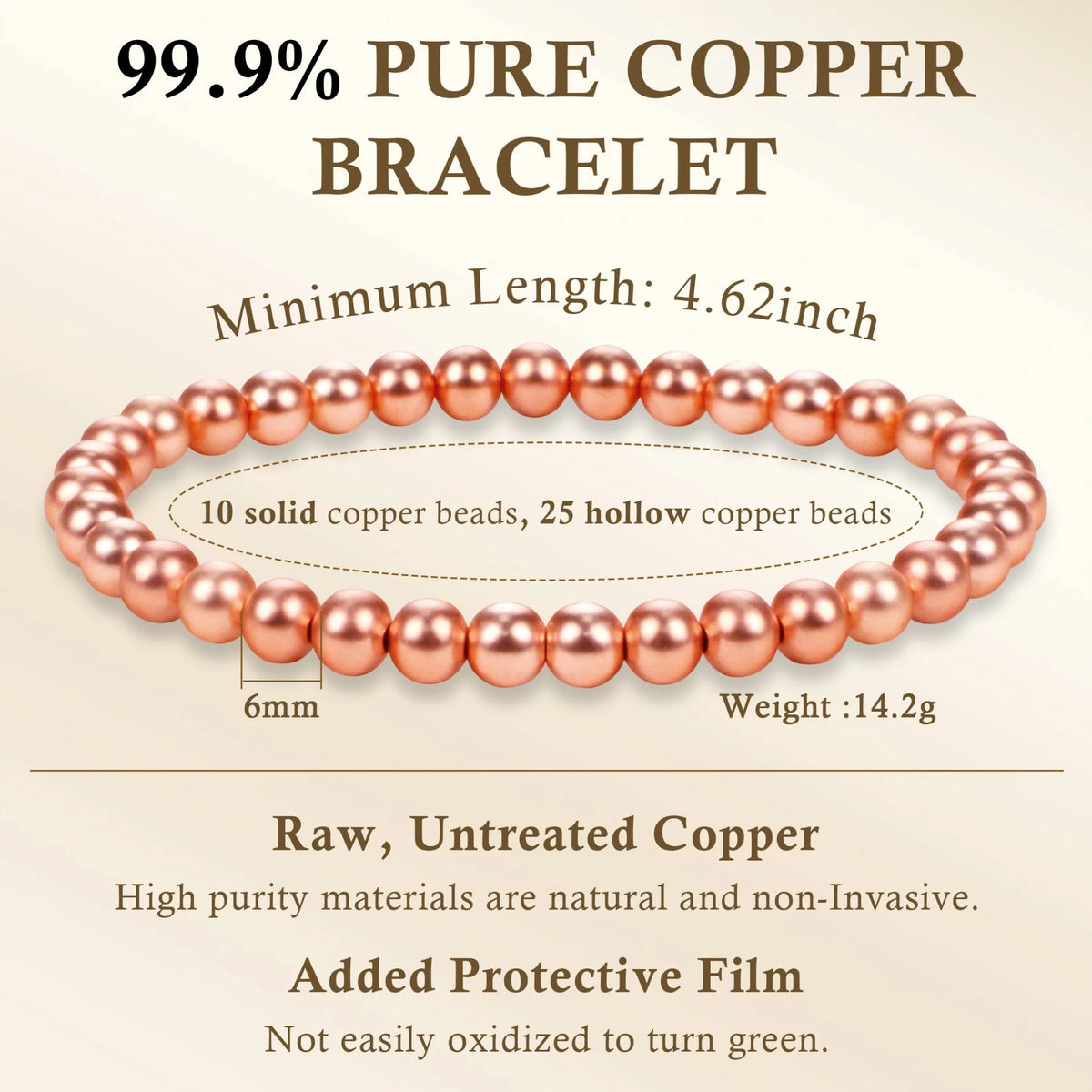 6mm pure copper beaded bracelet specifications showing 10 solid and 25 hollow copper beads