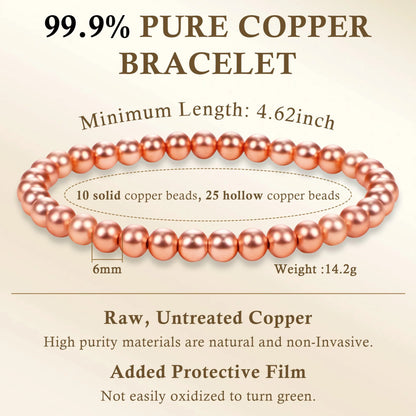 6mm pure copper beaded bracelet specifications showing 10 solid and 25 hollow copper beads