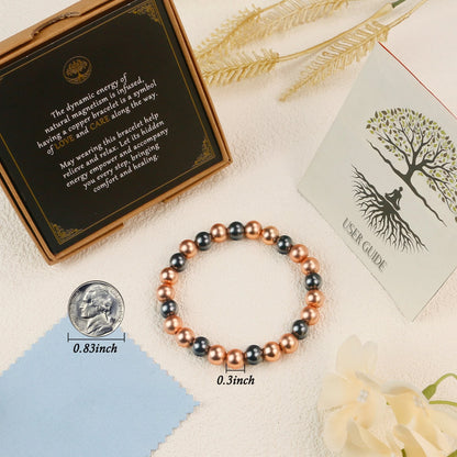 Magnetic copper bead bracelet gift set with kraft box, meaning card, user guide, and coin size reference
