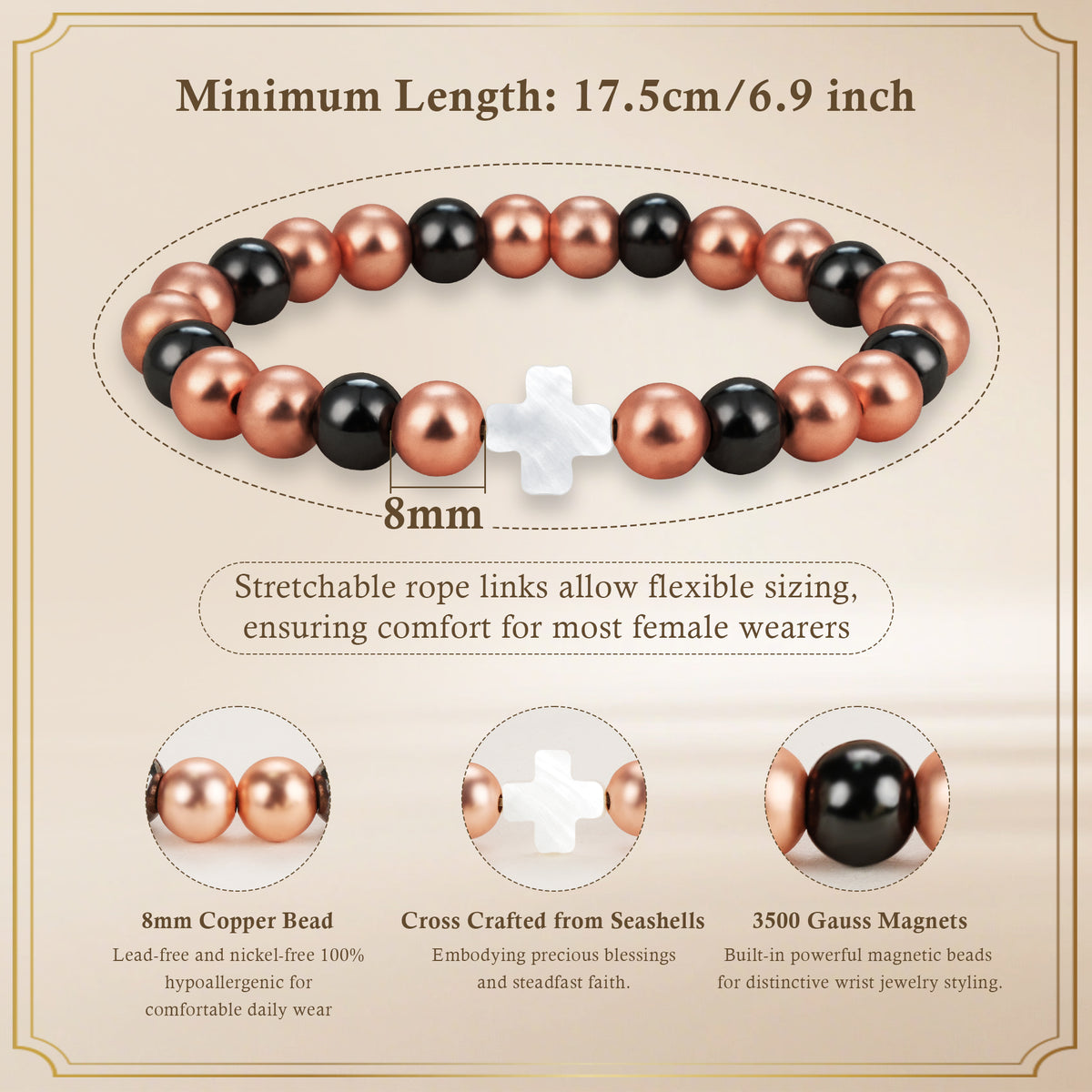Stretchable magnetic copper bead bracelet specifications showing 8mm beads, seashell cross, and 3500 gauss magnets