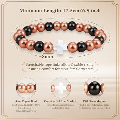 Stretchable magnetic copper bead bracelet specifications showing 8mm beads, seashell cross, and 3500 gauss magnets