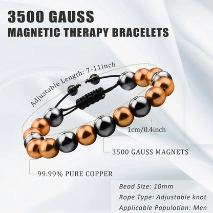 3500 gauss magnetic copper beaded bracelet product specifications with 10mm beads and adjustable knot rope