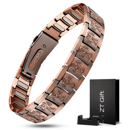Solid copper Celtic cross magnetic bracelet standing with sizing adjustment tool and black gift box


