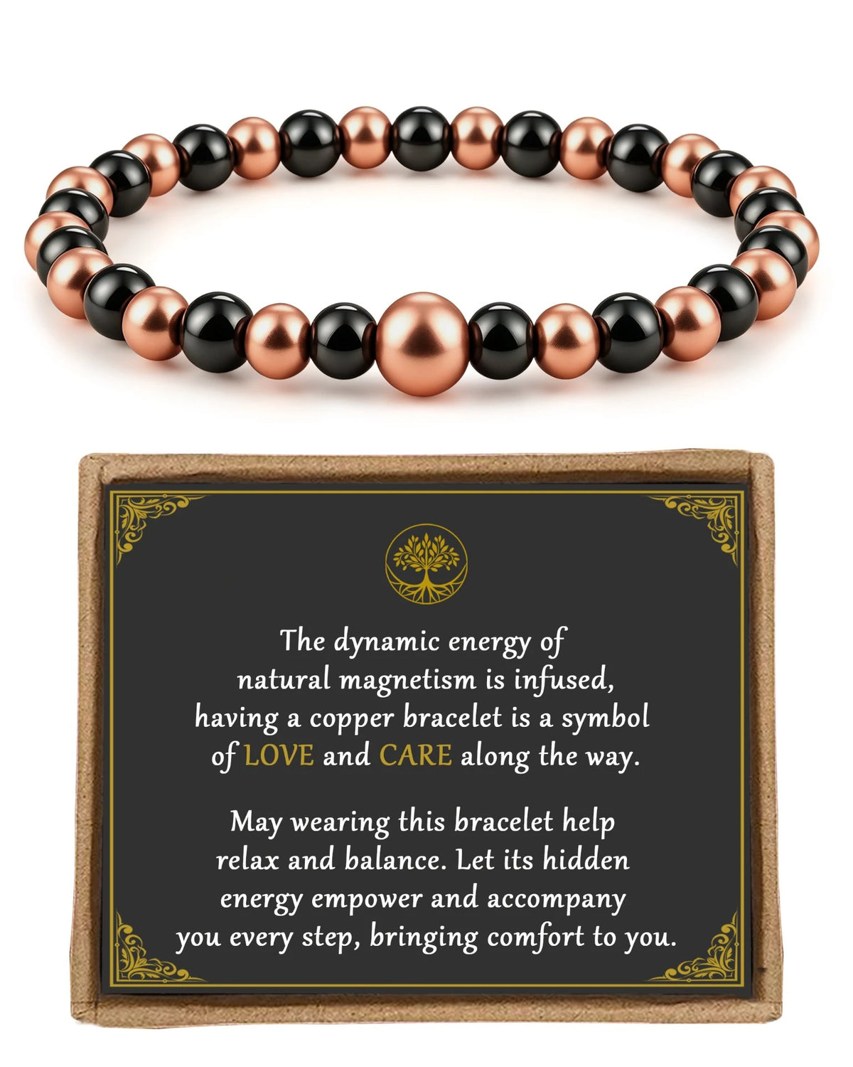 Magnetic copper bead bracelet with central accent bead displayed with Pealicious love and care gift card