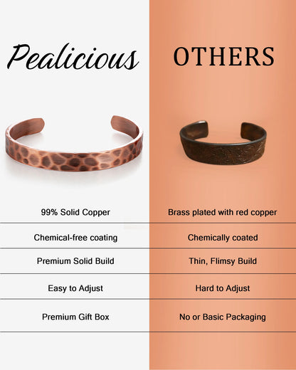 Pealicious hammered solid copper cuff bracelet comparison chart highlighting pure copper and chemical-free coating