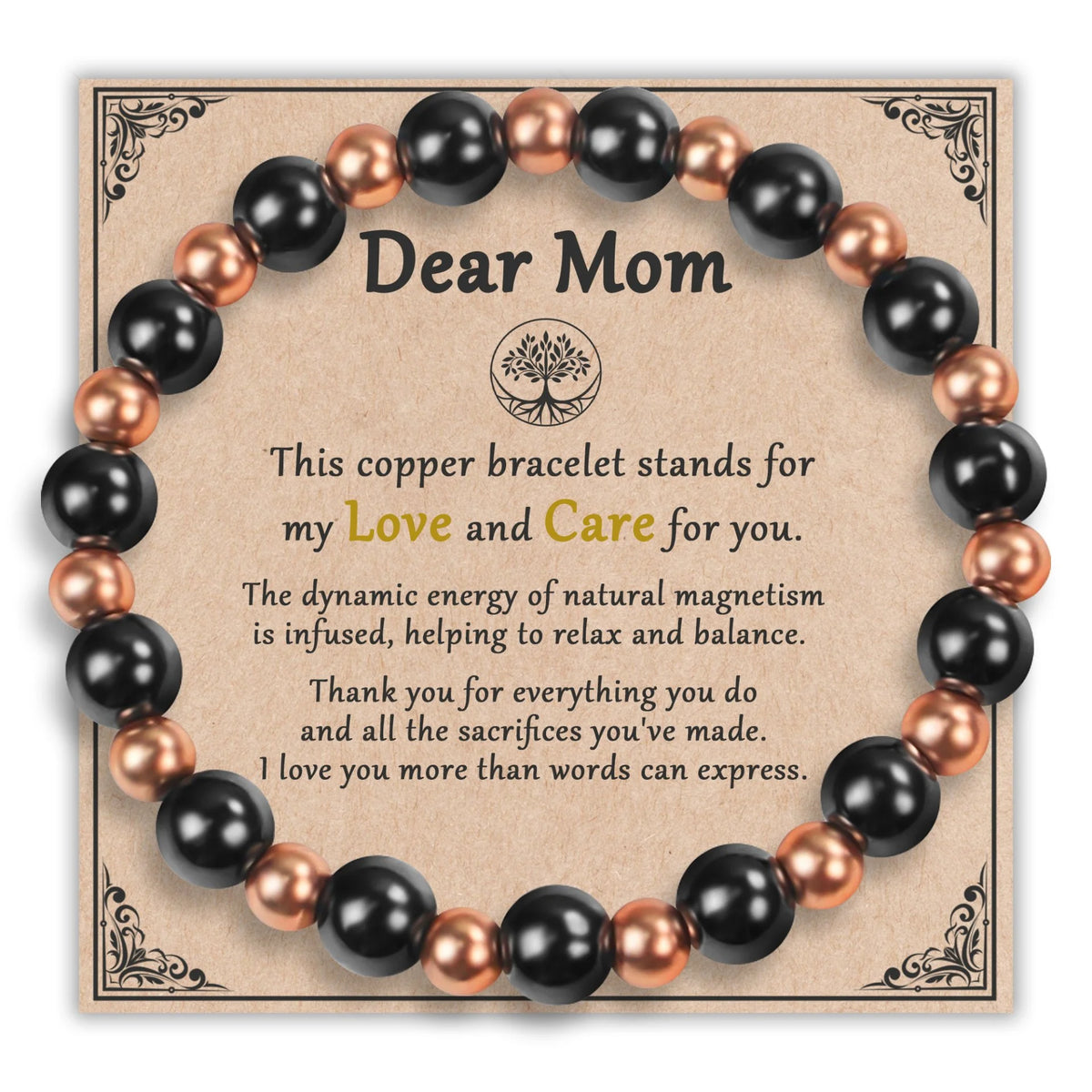 Magnetic copper bead bracelet displayed on Dear Mom gift card with mother's day blessing
