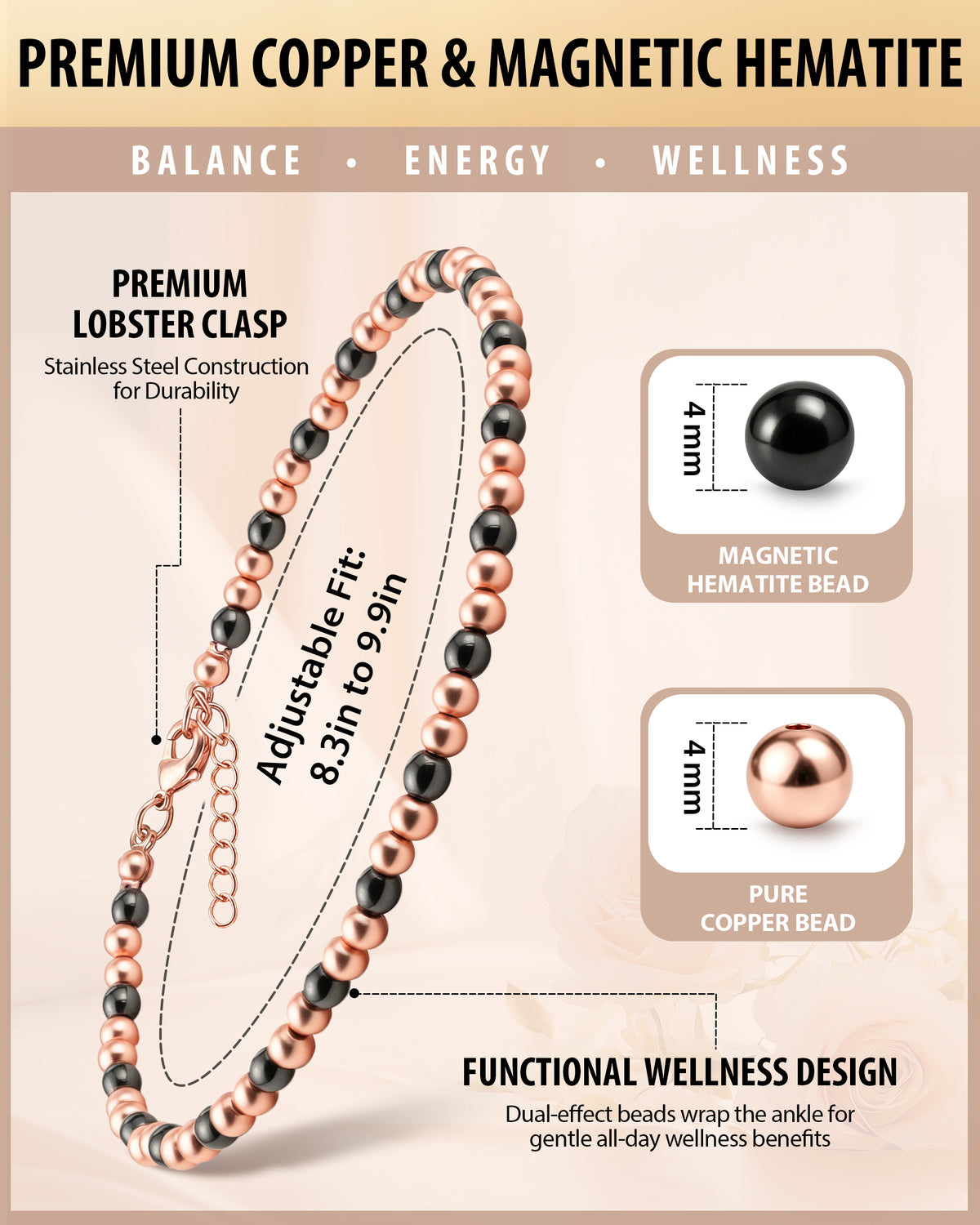 4mm magnetic hematite and pure copper beaded anklet product specifications showing adjustable 8.3 to 9.9 inch fit