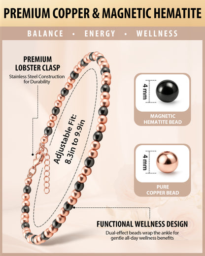 4mm magnetic hematite and pure copper beaded anklet product specifications showing adjustable 8.3 to 9.9 inch fit