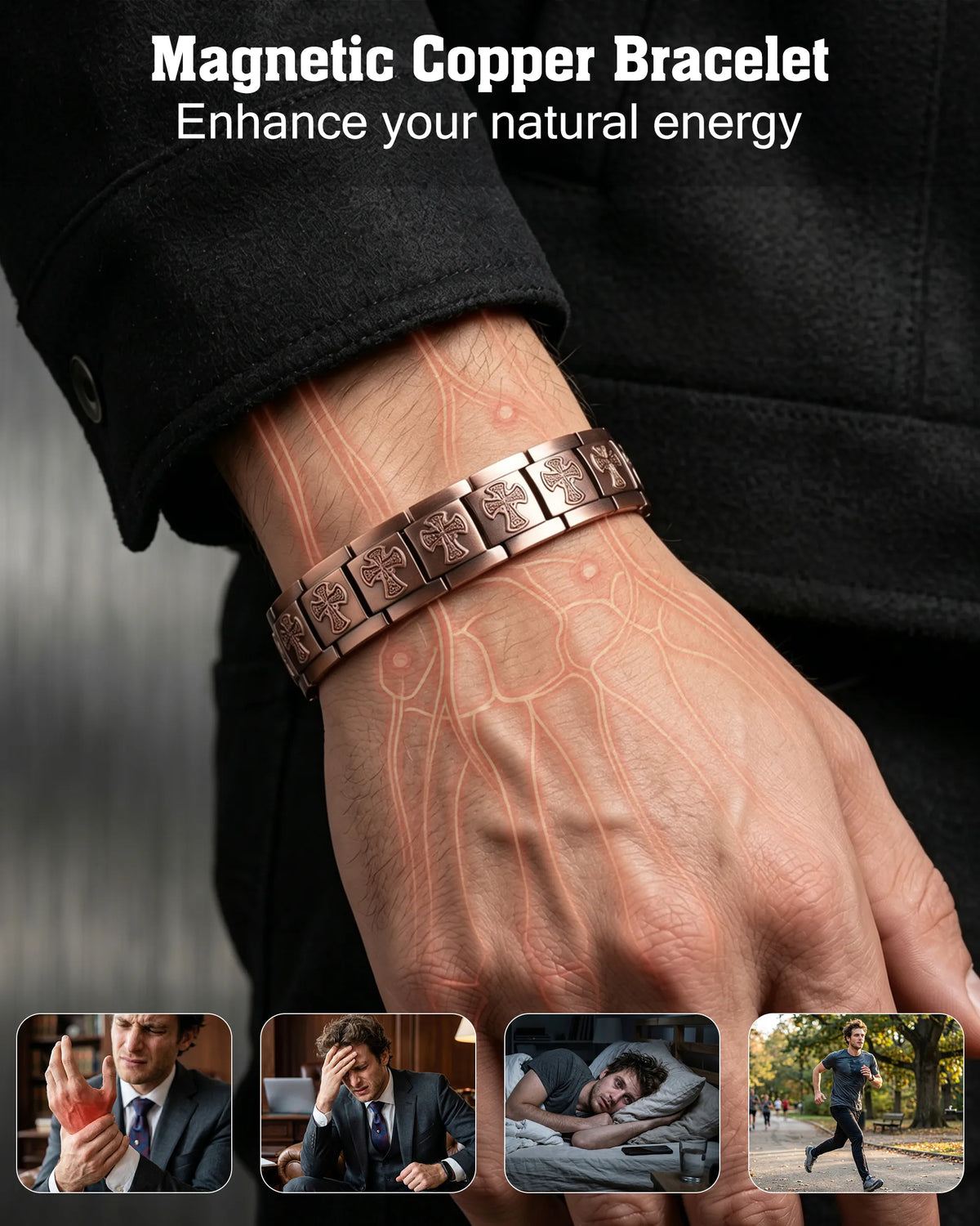 Men's magnetic copper bracelet on wrist demonstrating natural energy, pain relief, and daily wellness support