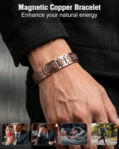 Men's magnetic copper bracelet on wrist demonstrating natural energy, pain relief, and daily wellness support