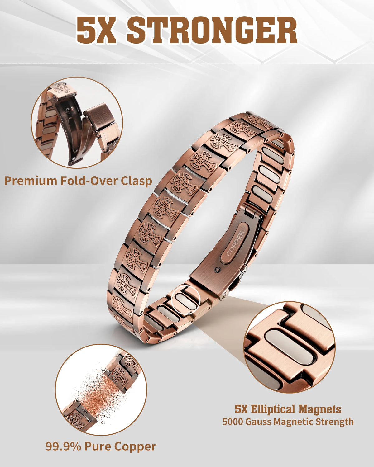  Pure copper magnetic link bracelet with 5000 gauss elliptical magnets and premium fold-over clasp
