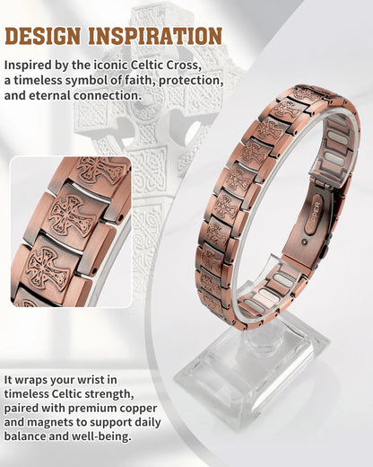  Hand-carved Celtic cross magnetic copper link bracelet on display stand symbolizing faith and protection

