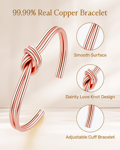 99.99% real copper cuff bracelet features showing smooth polish, love knot, and adjustable fit