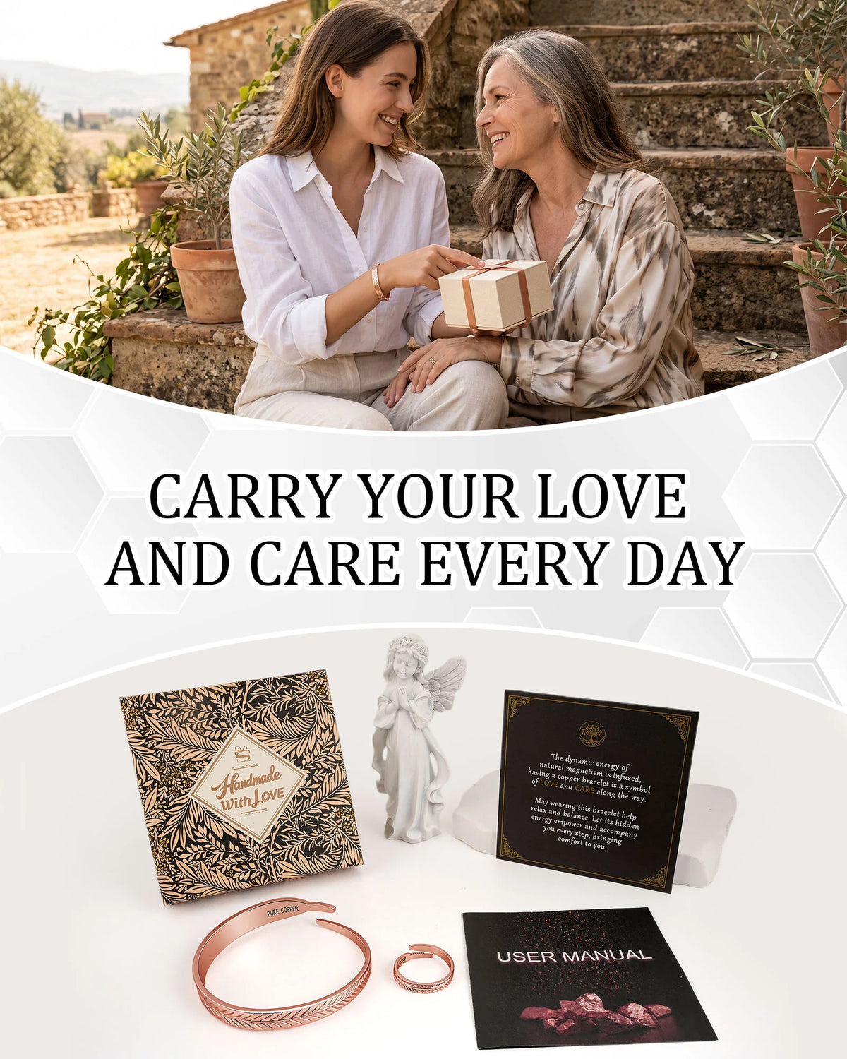 Feather leaf copper bracelet and ring gift set with handmade with love box, card, and manual for mother and daughter
