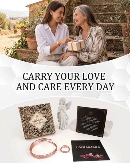 Feather leaf copper bracelet and ring gift set with handmade with love box, card, and manual for mother and daughter
