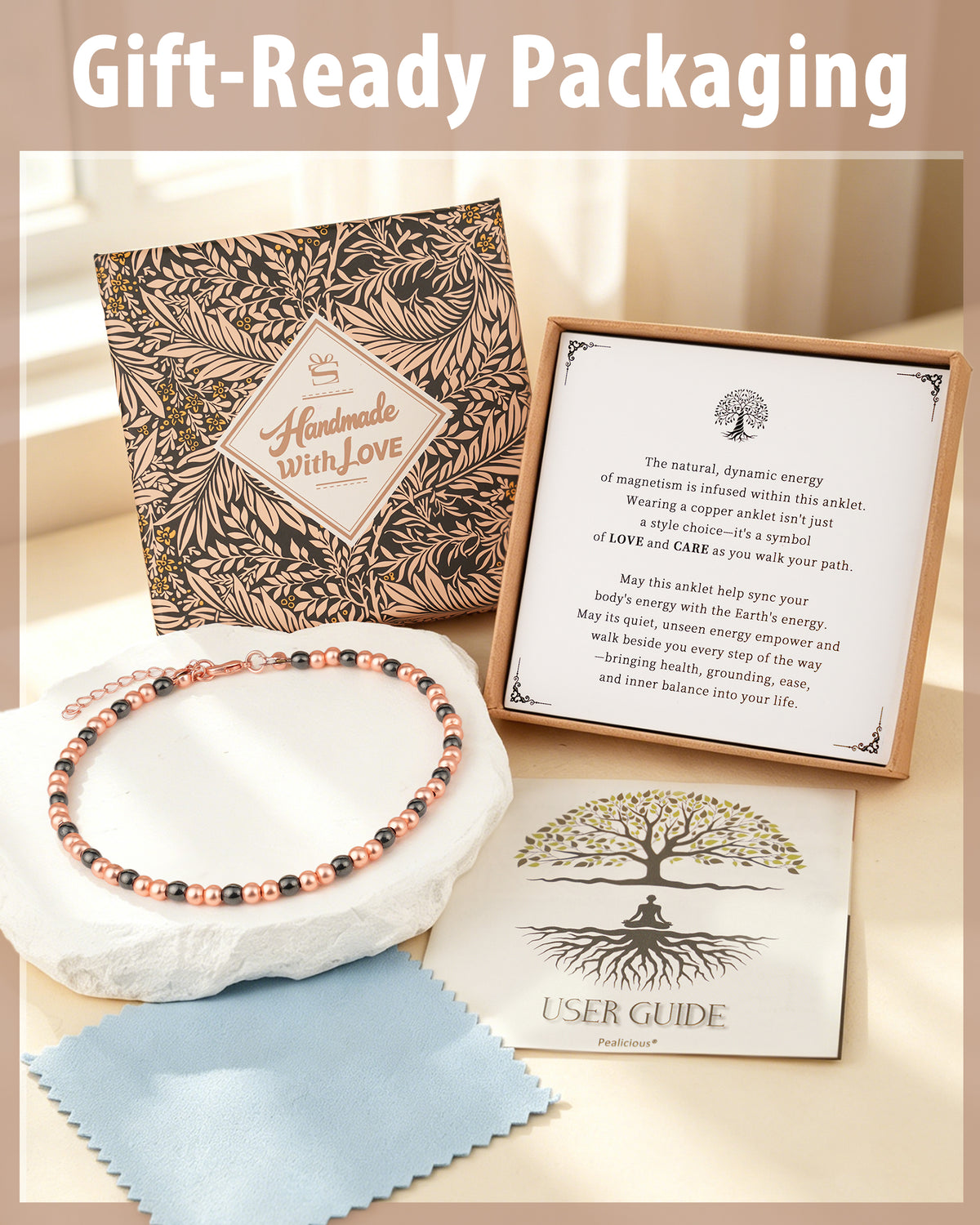 Magnetic copper beaded anklet gift set with handmade with love packaging, user guide, and meaning card