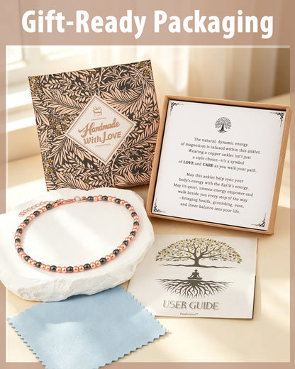 Magnetic copper beaded anklet gift set with handmade with love packaging, user guide, and meaning card