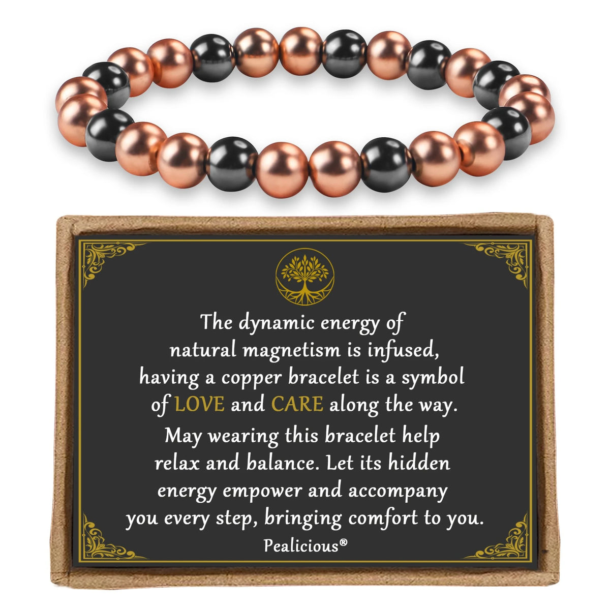 Magnetic copper bead bracelet displayed on Pealicious love and care inspirational gift card