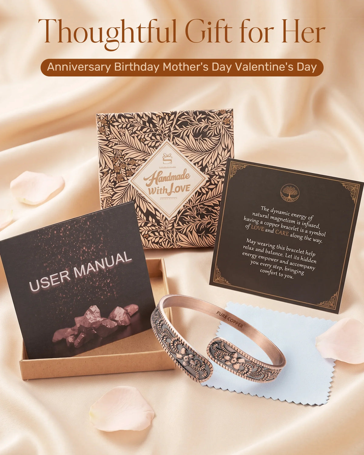Petite Blossom copper jewelry gift set with patterned box, greeting card, and user manual for her