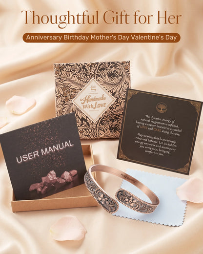 Petite Blossom copper jewelry gift set with patterned box, greeting card, and user manual for her