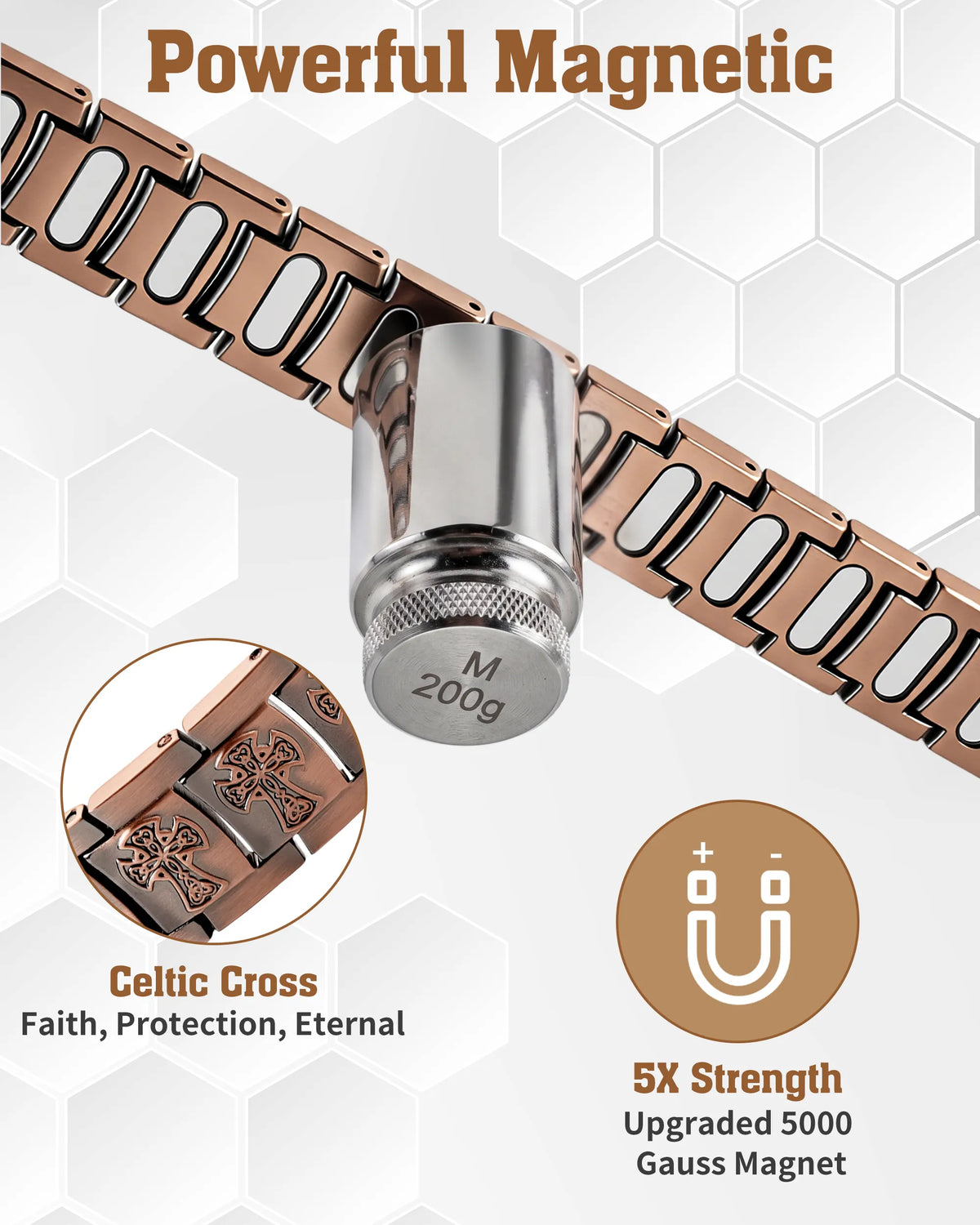 5000 gauss magnetic copper bracelet holding a 200g metal weight demonstrating strong magnet power

