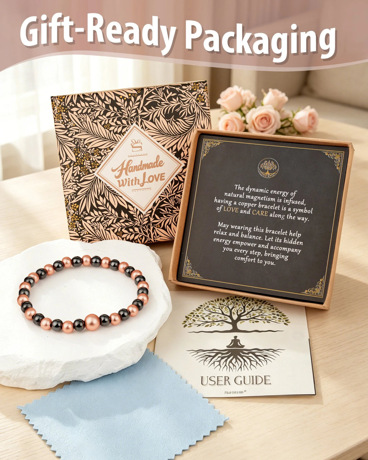 Magnetic copper beaded bracelet gift set with handmade with love packaging, meaning card, and user guide
