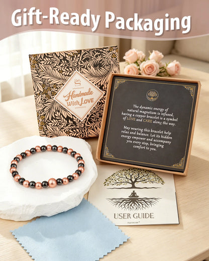 Magnetic copper beaded bracelet gift set with handmade with love packaging, meaning card, and user guide
