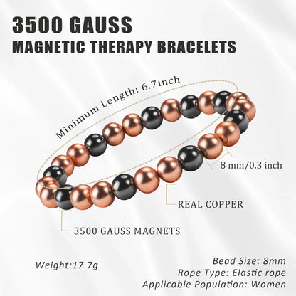 3500 gauss women's magnetic copper beaded bracelet product specifications with 8mm beads and elastic rope
