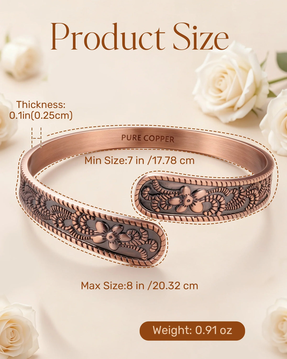 Size chart for Petite Blossom copper cuff showing 7 to 8 inch adjustable circumference and 0.91 oz weight