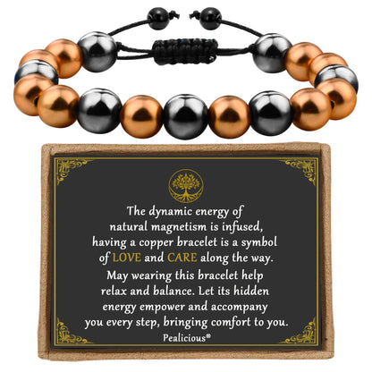 Men's magnetic copper braided cord bracelet displayed with Pealicious love and care card