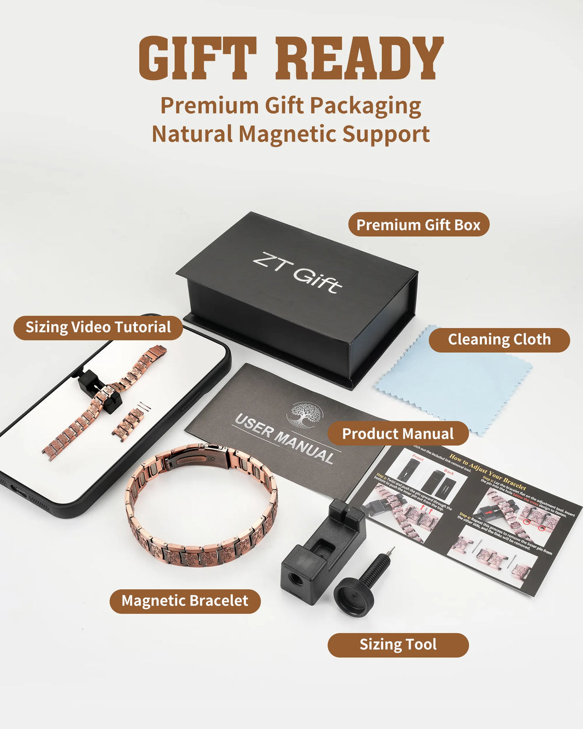 Celtic cross magnetic copper bracelet gift set including gift box, sizing tool, cleaning cloth, and manual