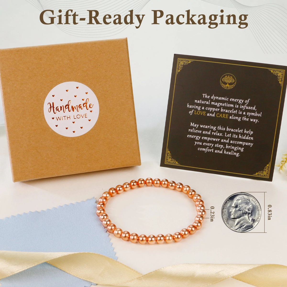 6mm copper bead bracelet gift set with handmade with love kraft box and cleaning cloth