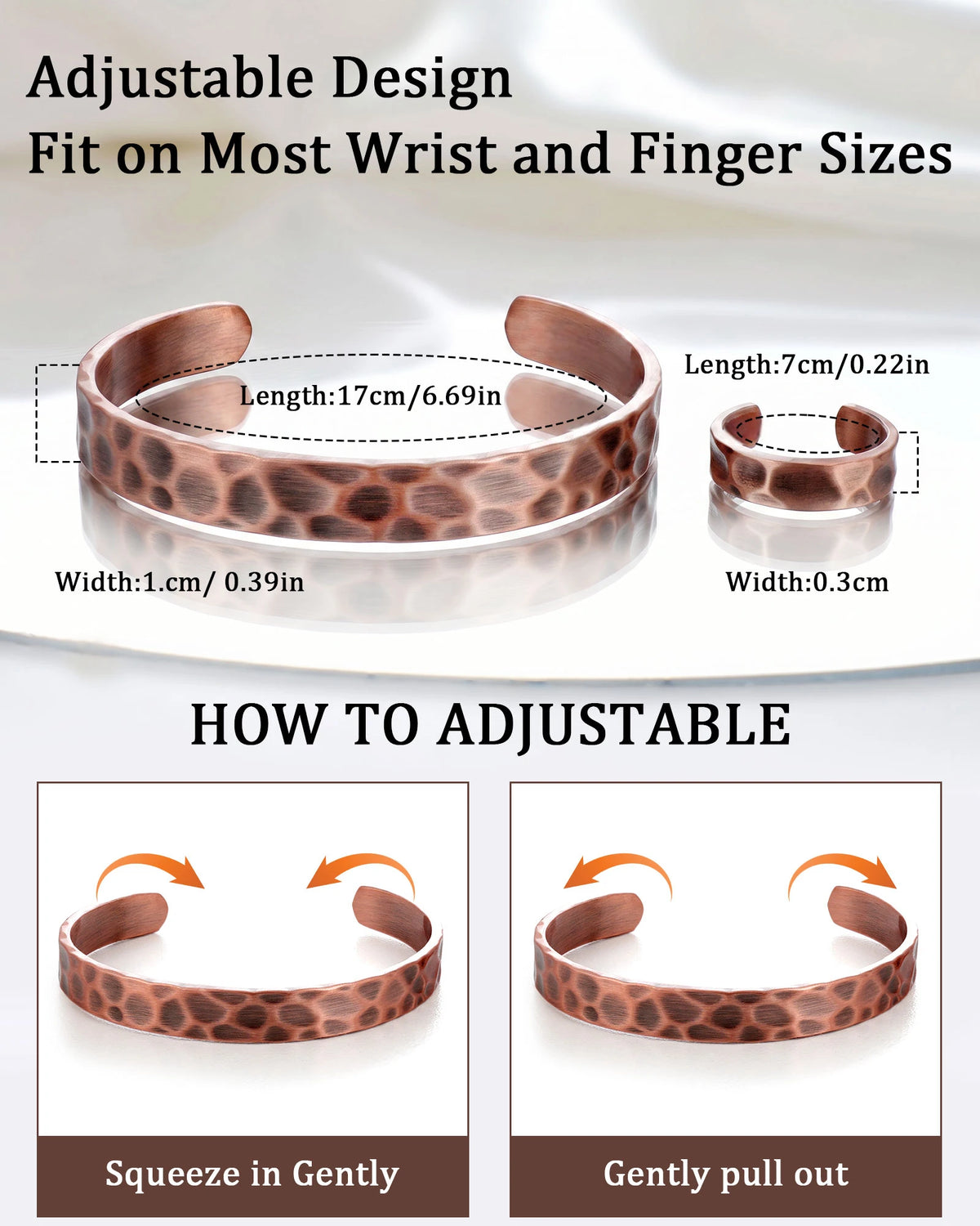 Adjustable hammered copper cuff bracelet and ring dimensions and sizing adjustment instructions