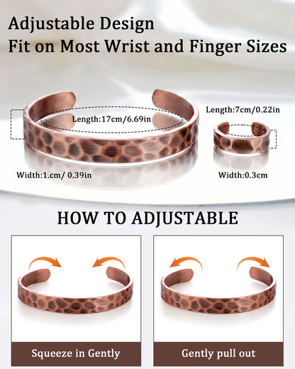 Adjustable hammered copper cuff bracelet and ring dimensions and sizing adjustment instructions