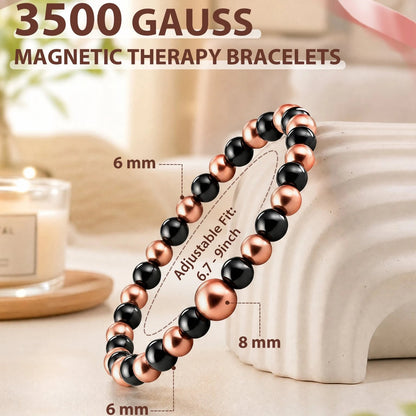 3500 gauss women's magnetic copper beaded bracelet specifications showing 6mm and 8mm bead dimensions