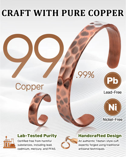 Handcrafted 99.99 percent pure copper hammered bracelet and ring set certified lead-free and nickel-free