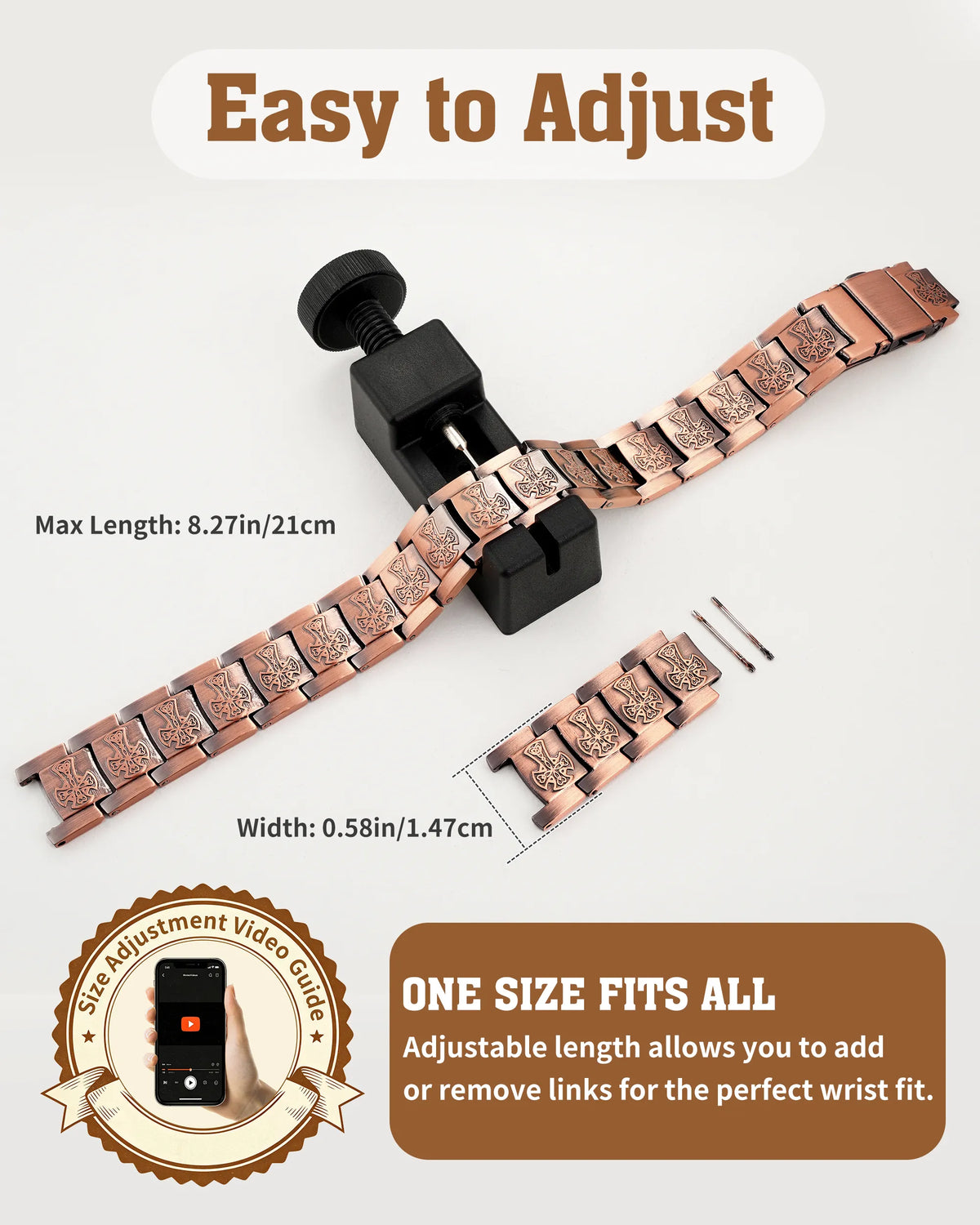  Adjustable magnetic copper link bracelet with link removal tool showing 8.27 inch length and 0.58 inch width

