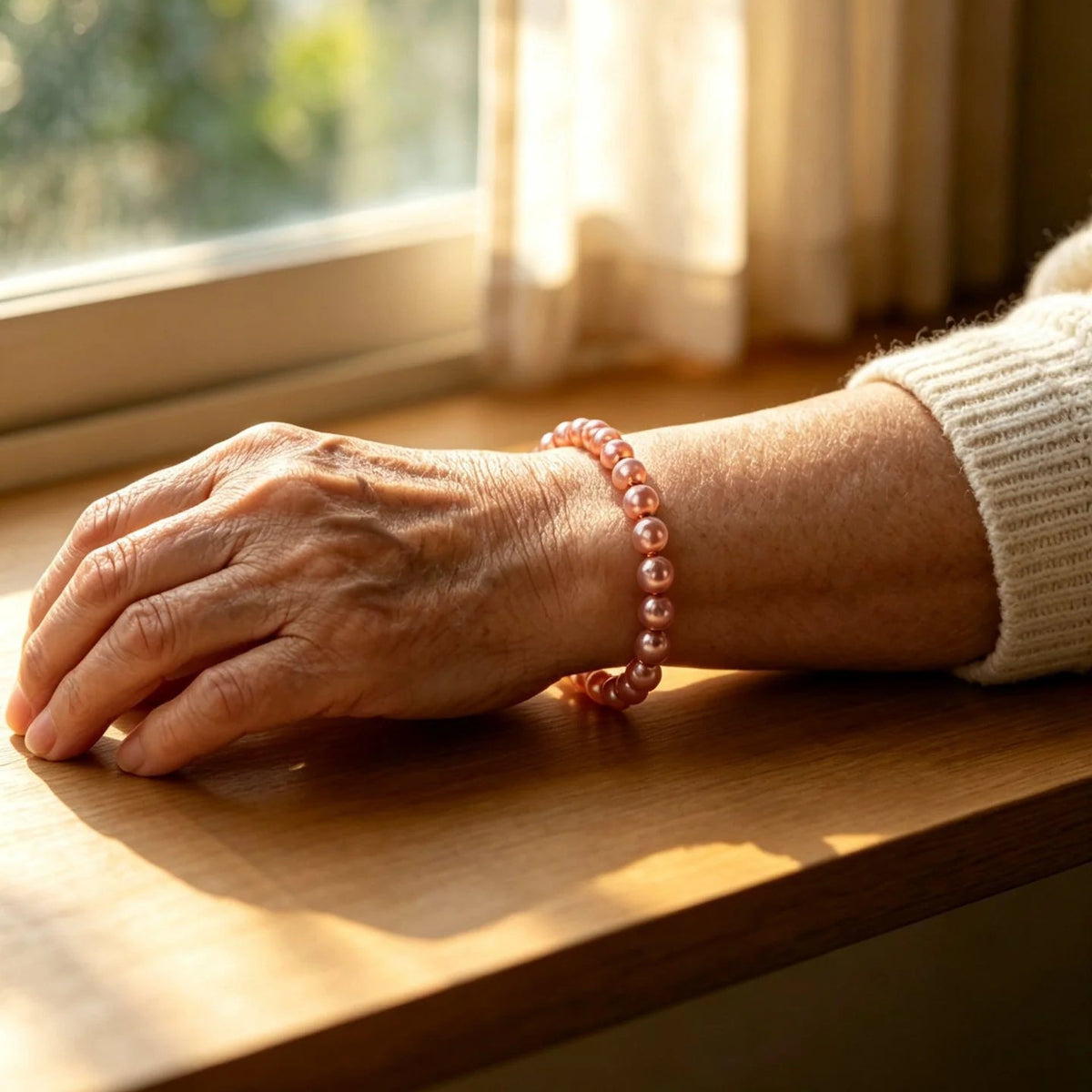 Woman wearing 6mm rose gold pure copper bead bracelet resting hand on wooden windowsill