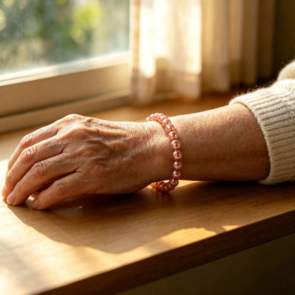 Woman wearing 6mm rose gold pure copper bead bracelet resting hand on wooden windowsill