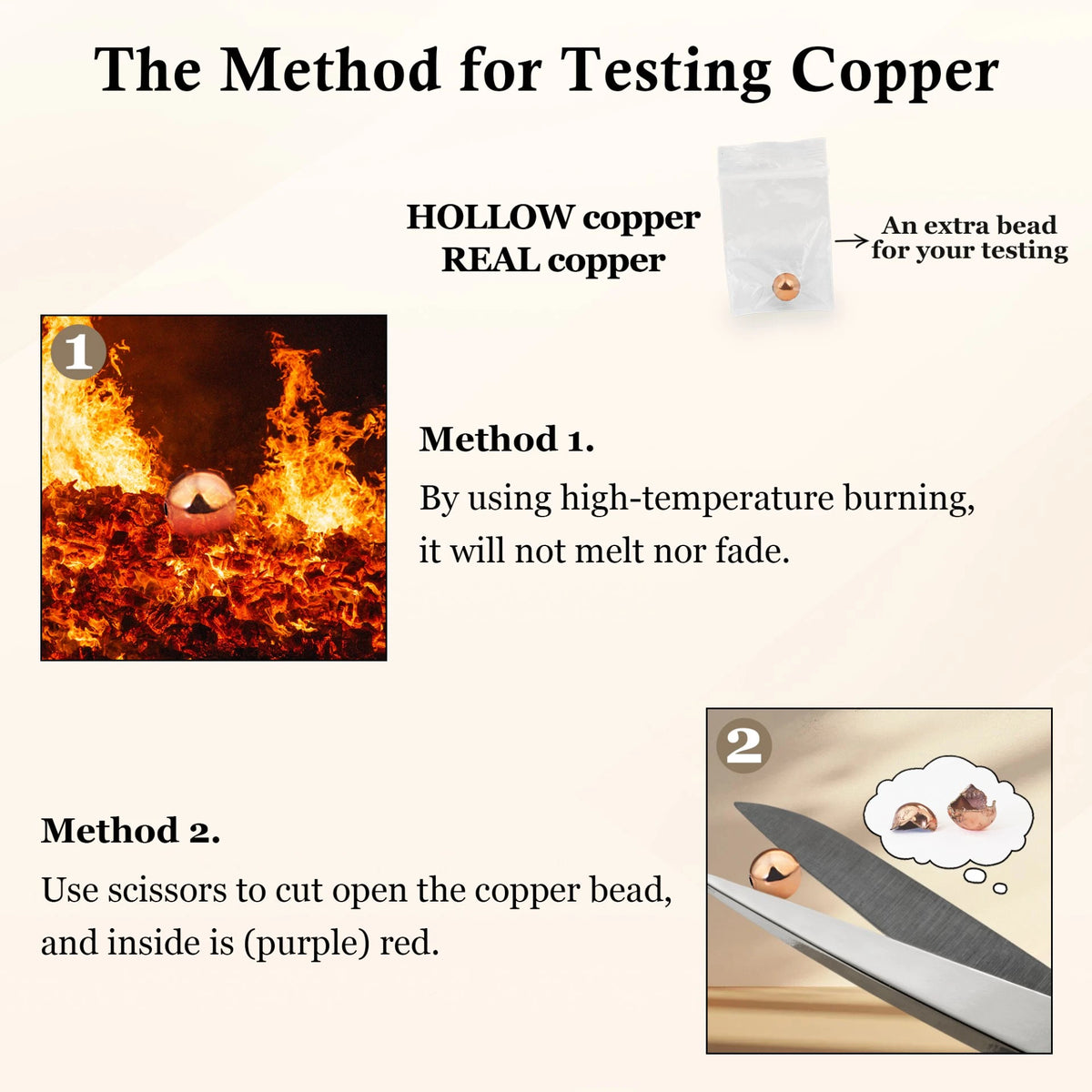 Pure copper testing guide explaining fire burning and cutting methods for sample bead