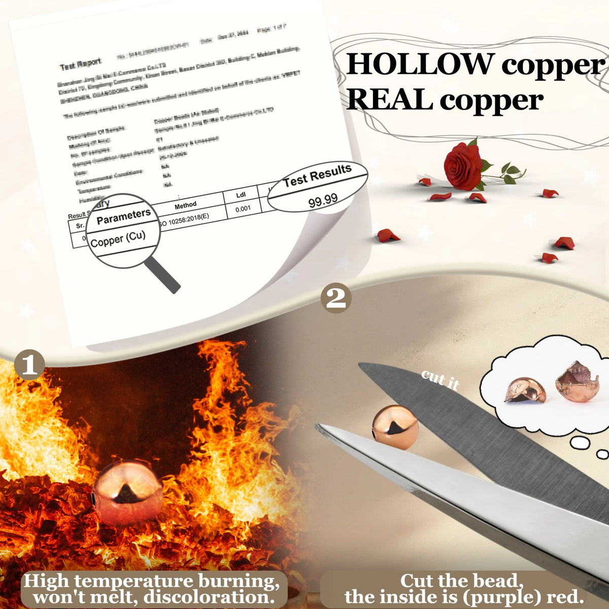 Lab-tested 99.99 percent pure copper bead authenticity test report with fire and cut resistance