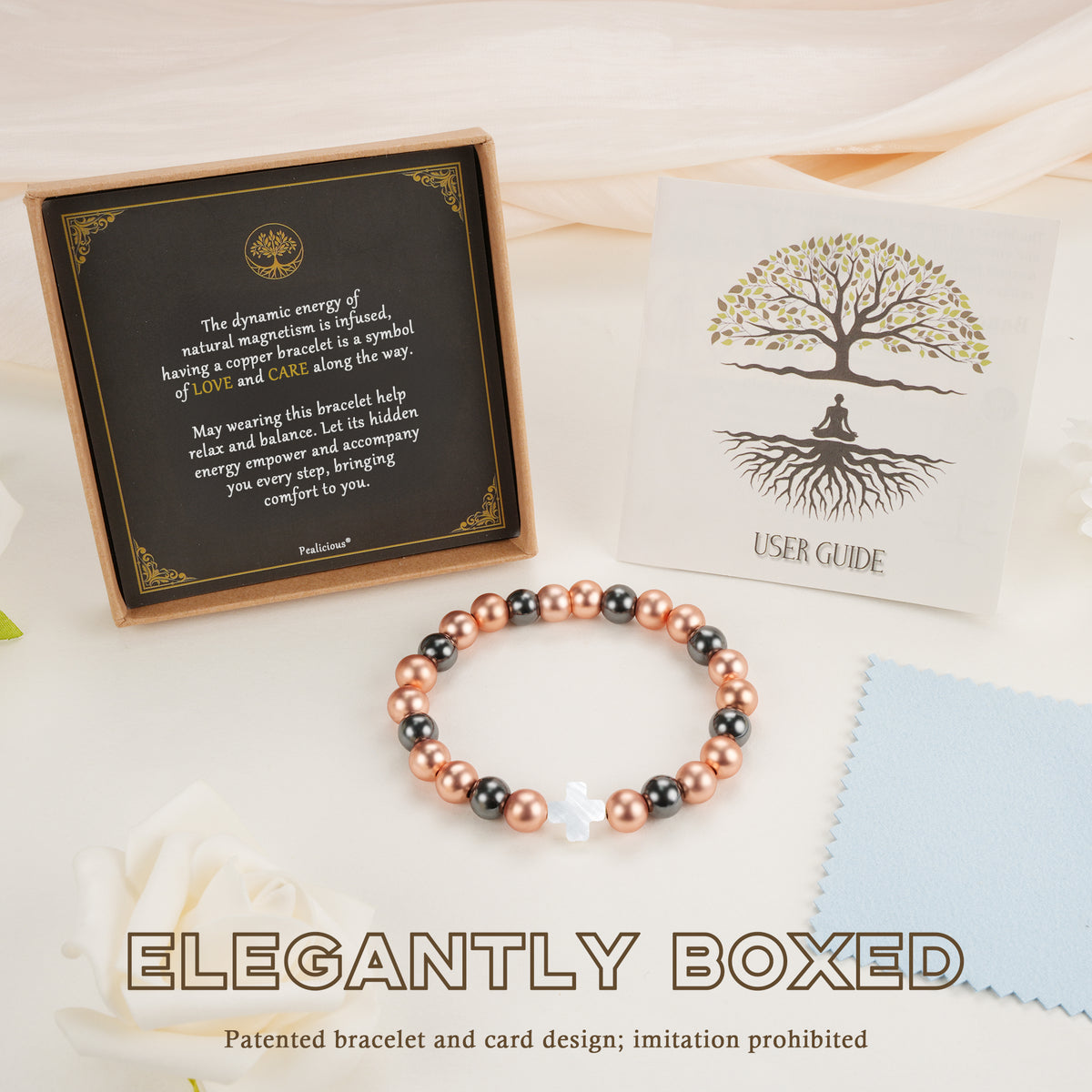 Mother-of-pearl cross magnetic copper bracelet gift set with premium kraft box, meaning card, and user guide

