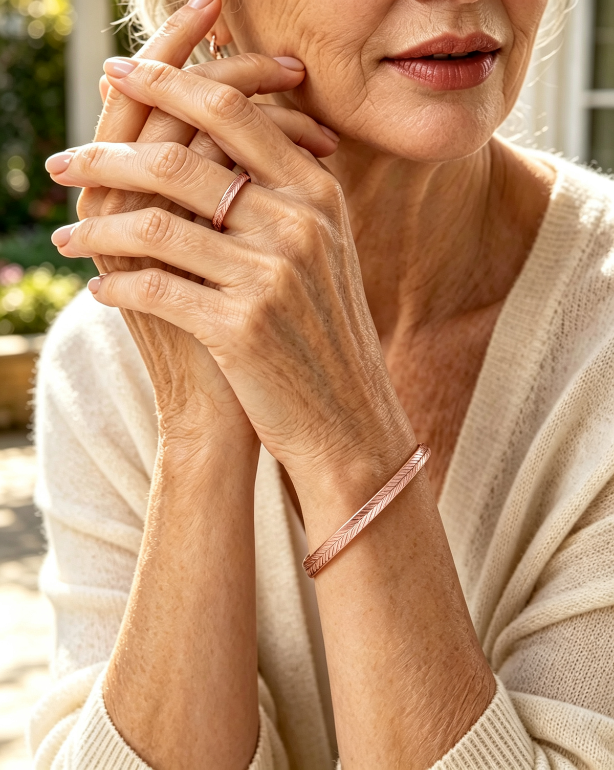 Woman wearing rose gold feather engraved copper cuff bracelet and matching leaf ring with cream cardigan
