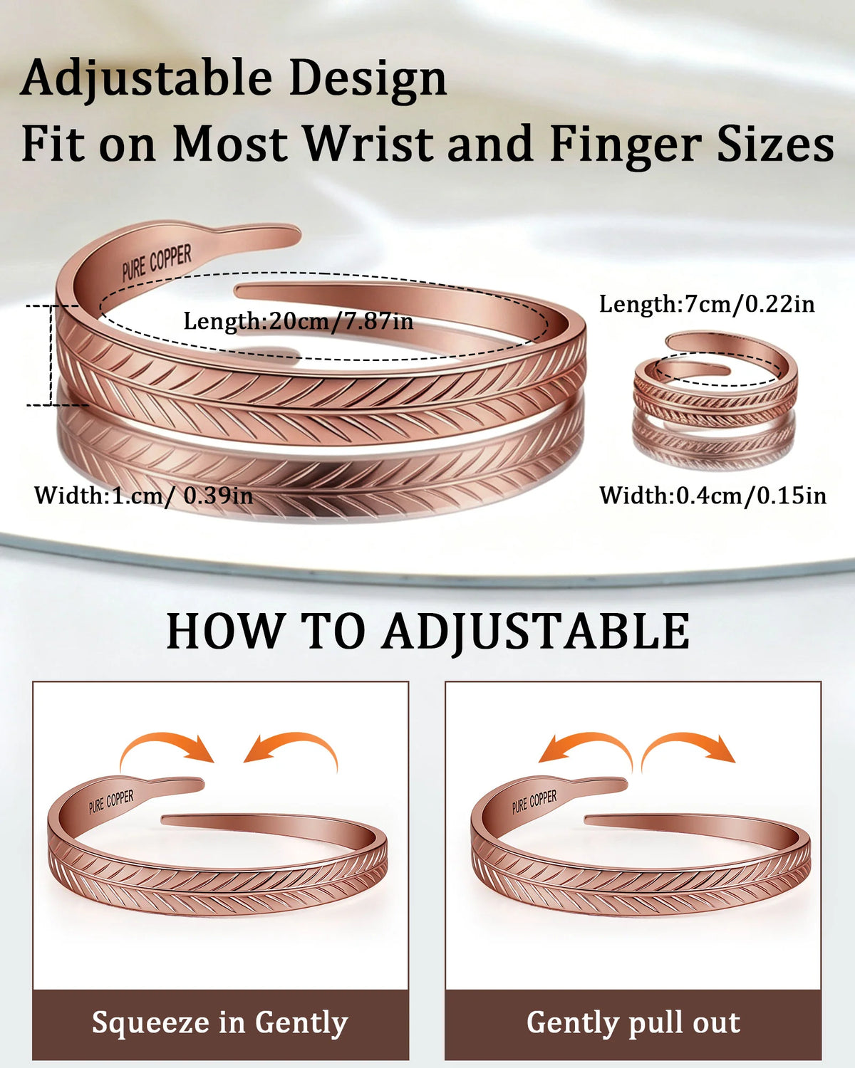 Adjustable copper leaf bracelet and ring size dimensions and adjustment guide for wrist and finger
