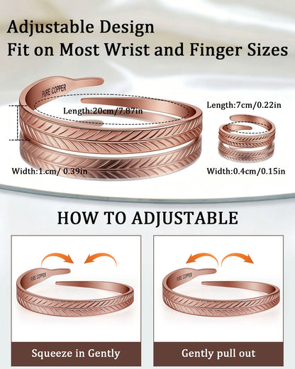 Adjustable copper leaf bracelet and ring size dimensions and adjustment guide for wrist and finger
